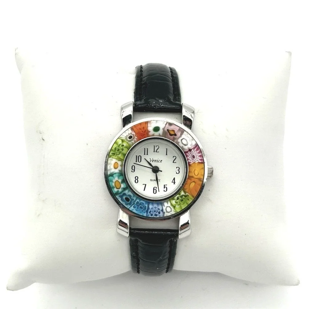 Y2K Venice Italian Novelty Floral Watch Silver Tone Metal Patent Black Womens
